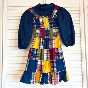 Vintage 1970’s Girls Plaid Patchwork Print Dress Navy Blue Yellow Red Green
